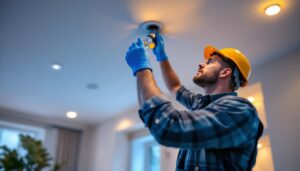 A photograph of a lighting contractor installing recessed lighting in a modern home setting
