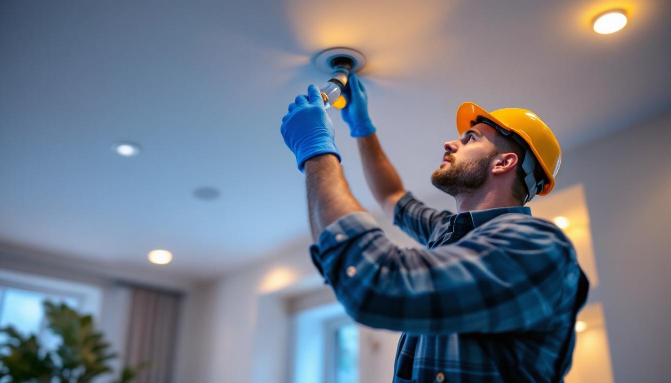 A photograph of a lighting contractor installing recessed lighting in a modern home setting