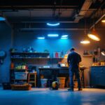 A photograph of a well-lit garage workspace featuring various types of drop lights in use