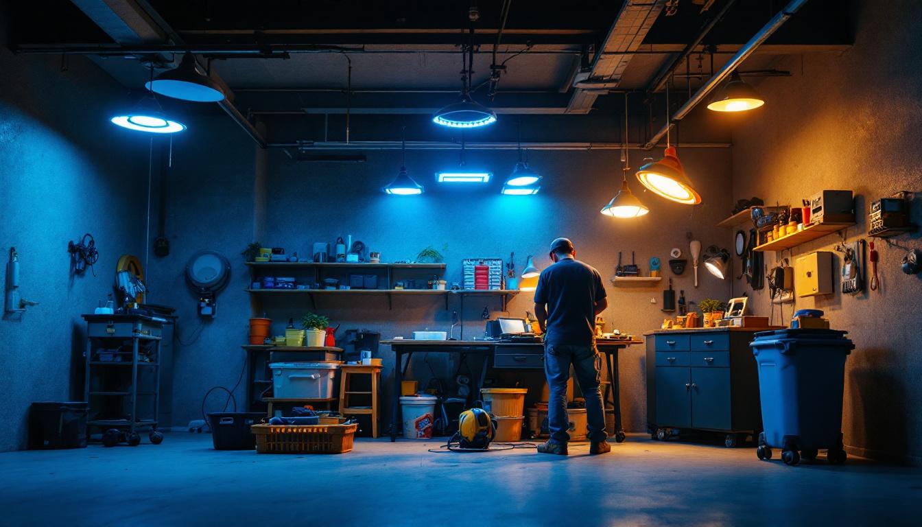 A photograph of a well-lit garage workspace featuring various types of drop lights in use