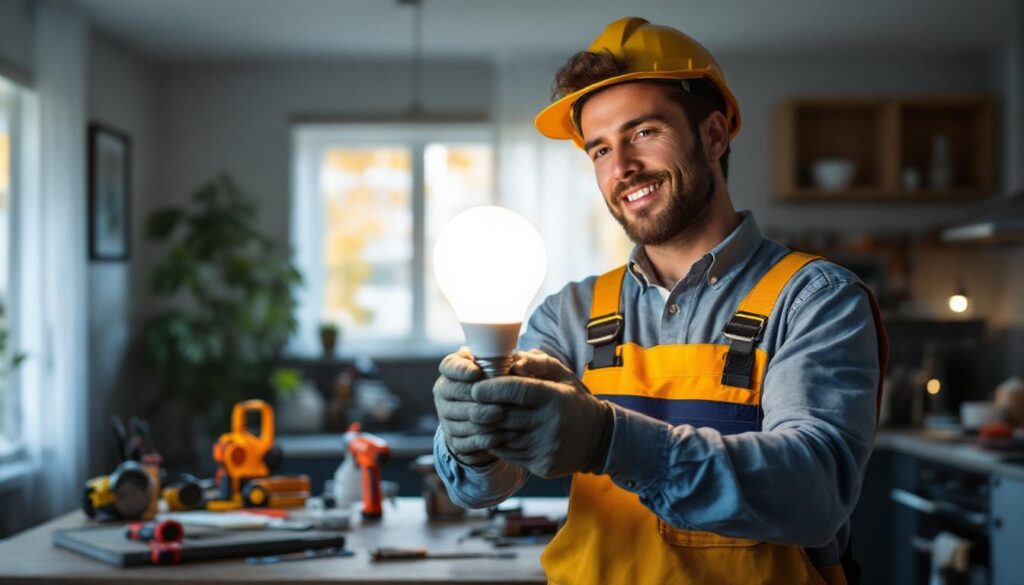 A photograph of a lighting contractor installing or showcasing a 200-watt equivalent led lamp in a residential or commercial setting