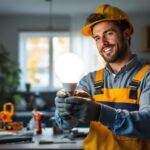 A photograph of a lighting contractor installing or showcasing a 200-watt equivalent led lamp in a residential or commercial setting