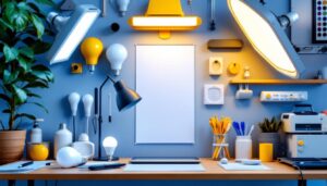 A photograph of a well-organized workspace featuring various types of led lights