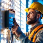 A photograph of a skilled lighting contractor adjusting a 1000-watt led dimmer in a beautifully illuminated space