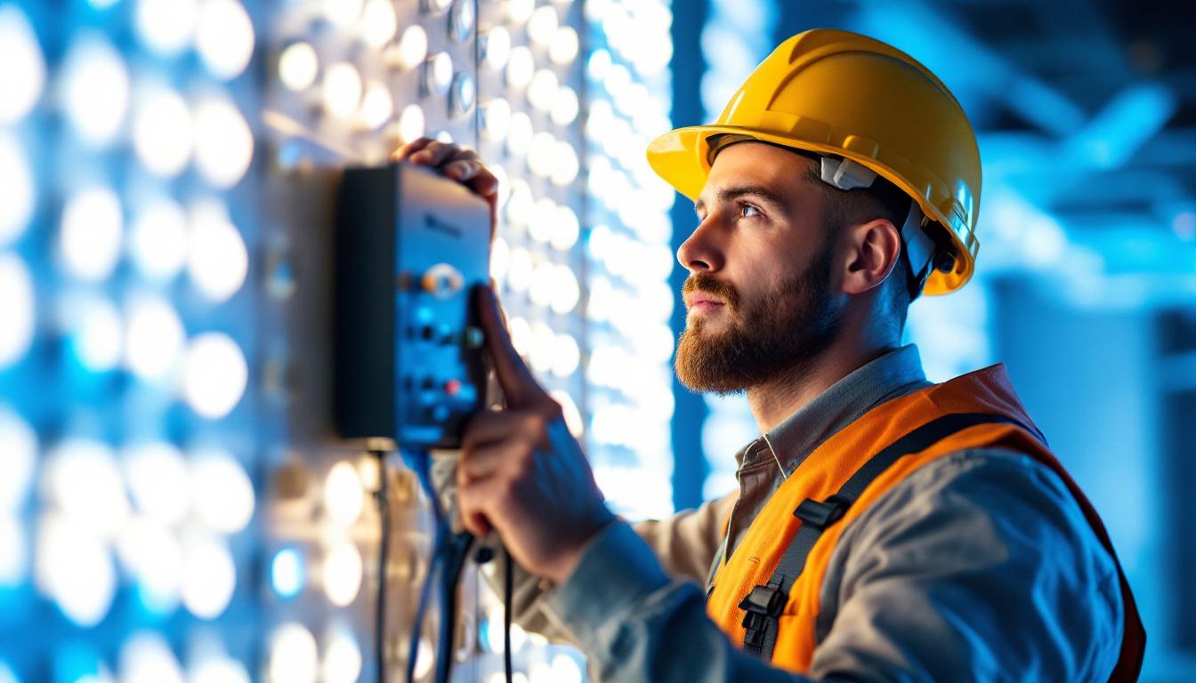 A photograph of a skilled lighting contractor adjusting a 1000-watt led dimmer in a beautifully illuminated space