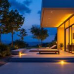 A photograph of a beautifully designed outdoor space illuminated by flush mount led lights at dusk