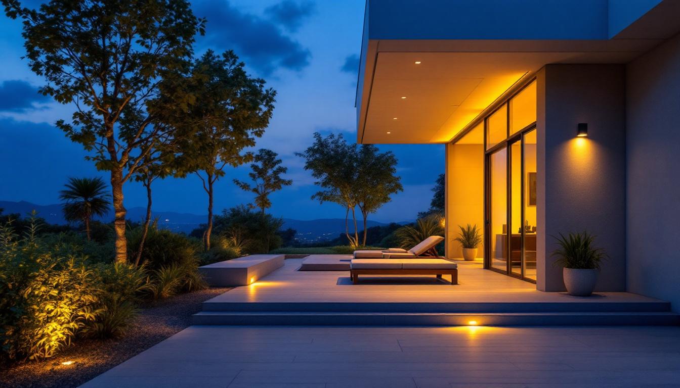 A photograph of a beautifully designed outdoor space illuminated by flush mount led lights at dusk