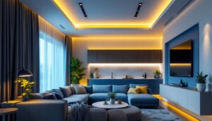 A photograph of a well-lit apartment interior showcasing stylish led lighting fixtures