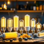 A photograph of a well-lit workspace featuring a variety of corn cob led bulbs in different wattages and designs