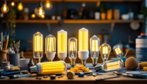 A photograph of a well-lit workspace featuring a variety of corn cob led bulbs in different wattages and designs