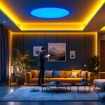 A photograph of a stylishly designed room featuring modern led ceiling lights in various settings