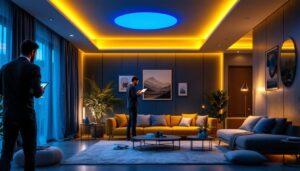A photograph of a stylishly designed room featuring modern led ceiling lights in various settings