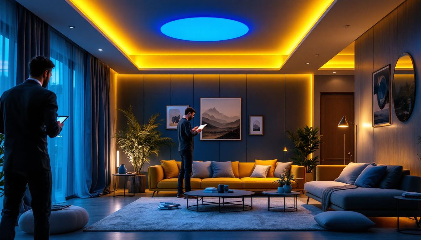 A photograph of a stylishly designed room featuring modern led ceiling lights in various settings