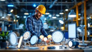 A photograph of a lighting contractor showcasing a variety of led lights in a well-lit workspace