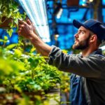 A photograph of a lighting contractor expertly installing or adjusting uv growing lights in a vibrant indoor garden setting