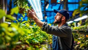 A photograph of a lighting contractor expertly installing or adjusting uv growing lights in a vibrant indoor garden setting