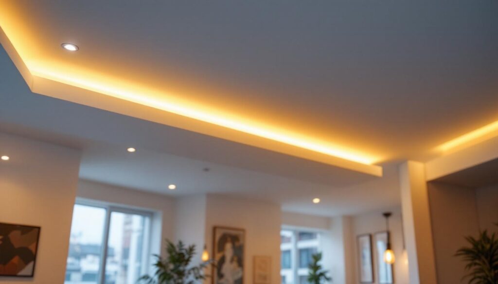 A photograph of a beautifully designed new construction interior showcasing led recessed light fixtures