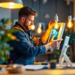 A photograph of a lighting contractor installing energy-efficient green creative lamps in a modern workspace