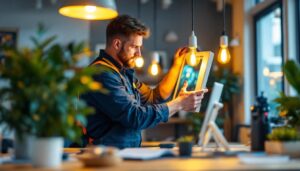 A photograph of a lighting contractor installing energy-efficient green creative lamps in a modern workspace