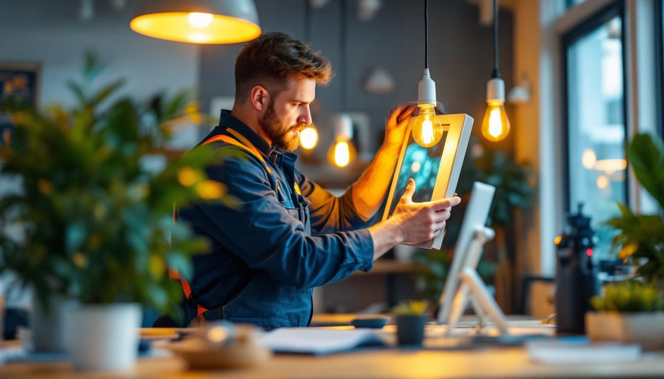 A photograph of a lighting contractor installing energy-efficient green creative lamps in a modern workspace