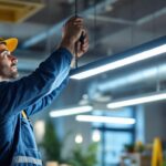 A photograph of a lighting contractor installing a sleek t bar light in a modern commercial space