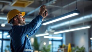 A photograph of a lighting contractor installing a sleek t bar light in a modern commercial space