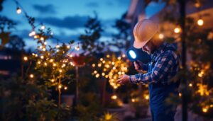 A photograph of a lighting contractor installing outdoor led tube lights in a landscaped area during dusk