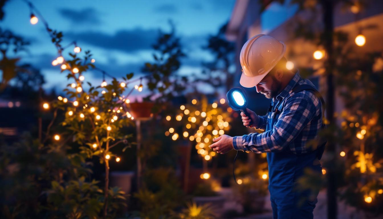 A photograph of a lighting contractor installing outdoor led tube lights in a landscaped area during dusk