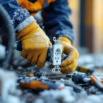 A photograph of a skilled lighting contractor expertly installing a weatherproof cover outlet in an outdoor setting