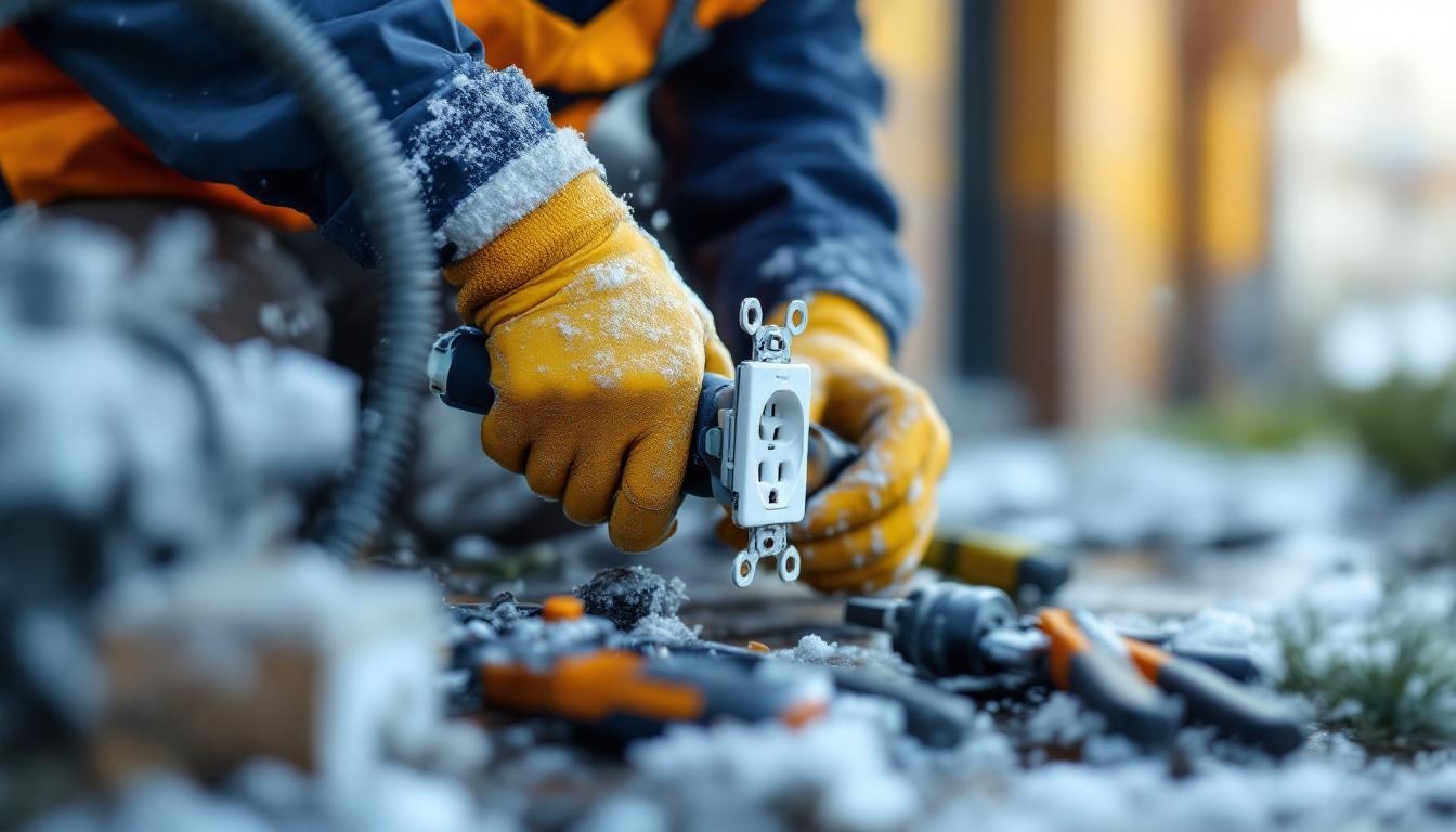 A photograph of a skilled lighting contractor expertly installing a weatherproof cover outlet in an outdoor setting
