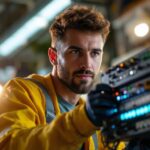 A photograph of a lighting contractor expertly installing or adjusting a led switcher in a well-lit environment