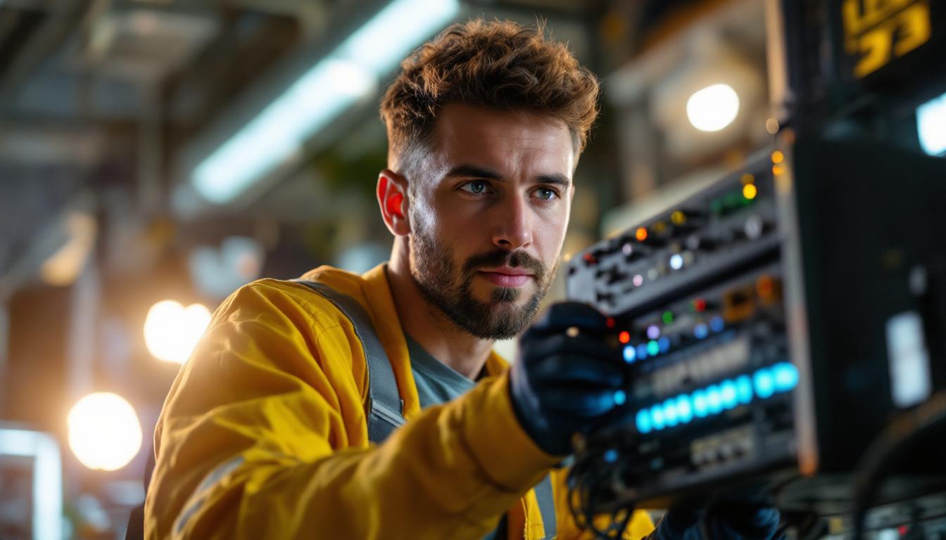 A photograph of a lighting contractor expertly installing or adjusting a led switcher in a well-lit environment