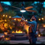 A photograph of a skilled lighting contractor installing an outdoor fan in a beautifully landscaped patio setting