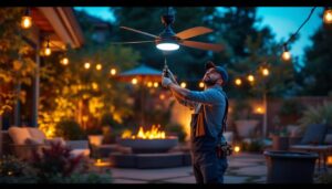 A photograph of a skilled lighting contractor installing an outdoor fan in a beautifully landscaped patio setting