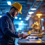 A photograph of a lighting contractor at work
