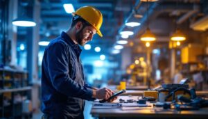 A photograph of a lighting contractor at work