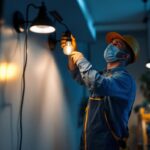 A photograph of a lighting contractor expertly installing direct wire led lamps in a modern residential setting