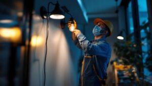 A photograph of a lighting contractor expertly installing direct wire led lamps in a modern residential setting