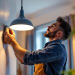 A photograph of a lighting contractor expertly installing a chandelior fixture in a beautifully lit residential or commercial space
