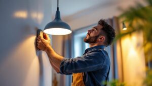 A photograph of a lighting contractor expertly installing a chandelior fixture in a beautifully lit residential or commercial space