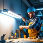 A photograph of a well-lit workspace featuring a lighting contractor installing an 8ft t8 led tube light