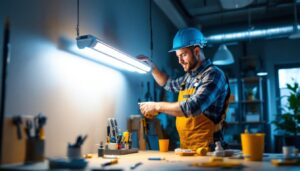 A photograph of a well-lit workspace featuring a lighting contractor installing an 8ft t8 led tube light
