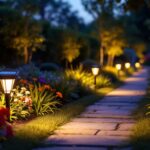 A photograph of capture a photograph of a beautifully illuminated garden path at dusk