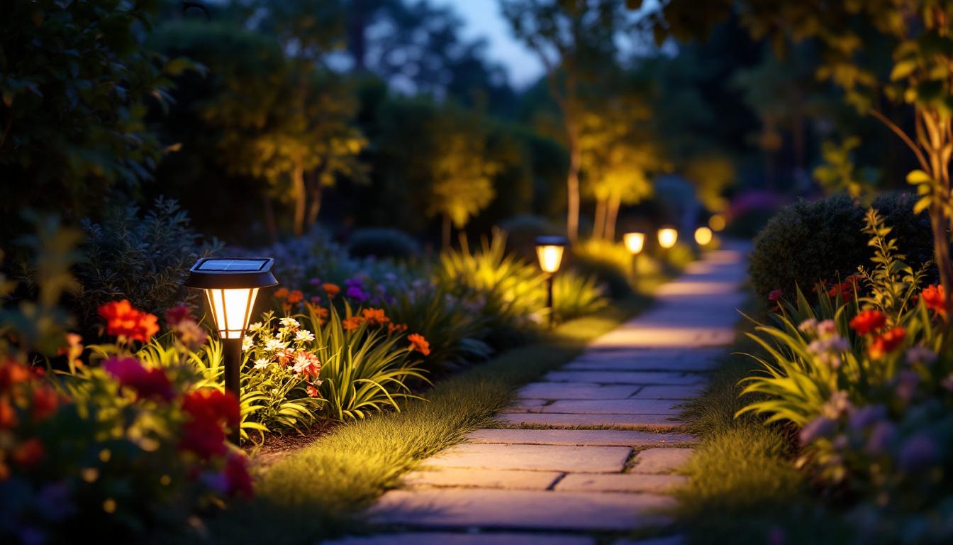 A photograph of capture a photograph of a beautifully illuminated garden path at dusk