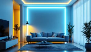A photograph of a beautifully lit room featuring a stylish led corner strip installation