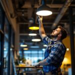 A photograph of a lighting contractor expertly installing kuckle fixtures in a modern workspace