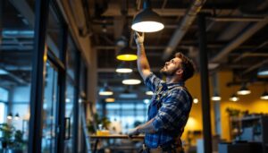 A photograph of a lighting contractor expertly installing kuckle fixtures in a modern workspace