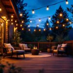 A photograph of a beautifully illuminated outdoor deck featuring solar-powered string lights at dusk