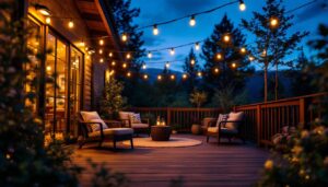 A photograph of a beautifully illuminated outdoor deck featuring solar-powered string lights at dusk