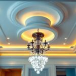 A photograph of a beautifully designed ceiling featuring various types of ceiling lights